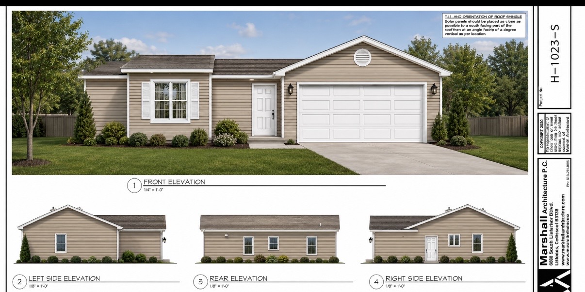 Three elevations of the Commander Street home